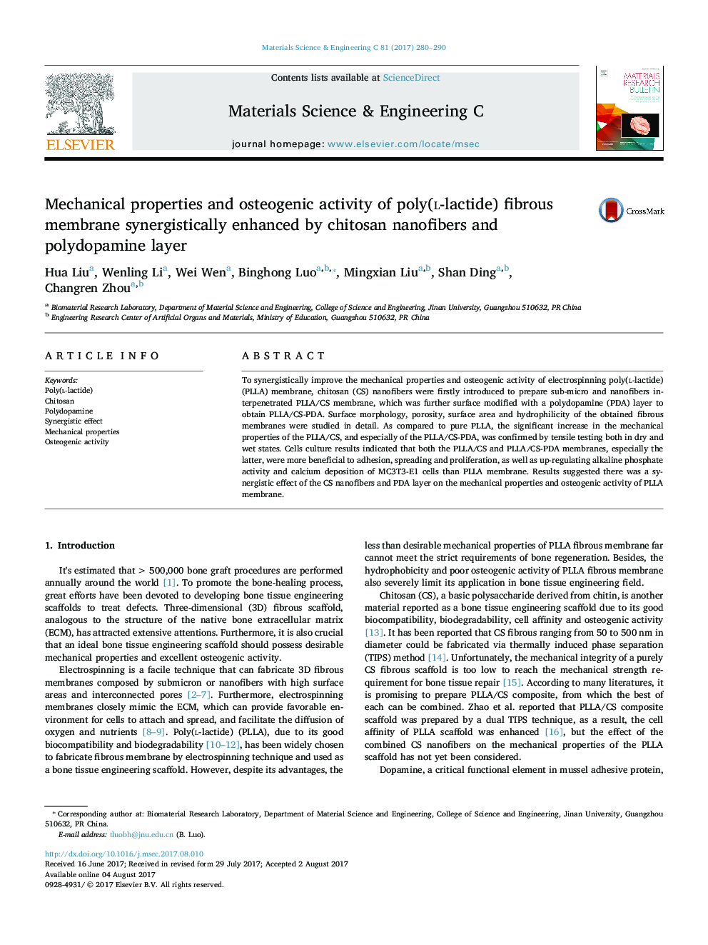 Mechanical properties and osteogenic activity of poly(l-lactide) fibrous membrane synergistically enhanced by chitosan nanofibers and polydopamine layer