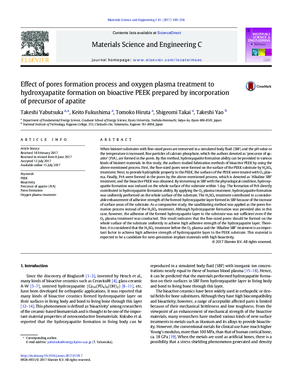 Effect of pores formation process and oxygen plasma treatment to hydroxyapatite formation on bioactive PEEK prepared by incorporation of precursor of apatite