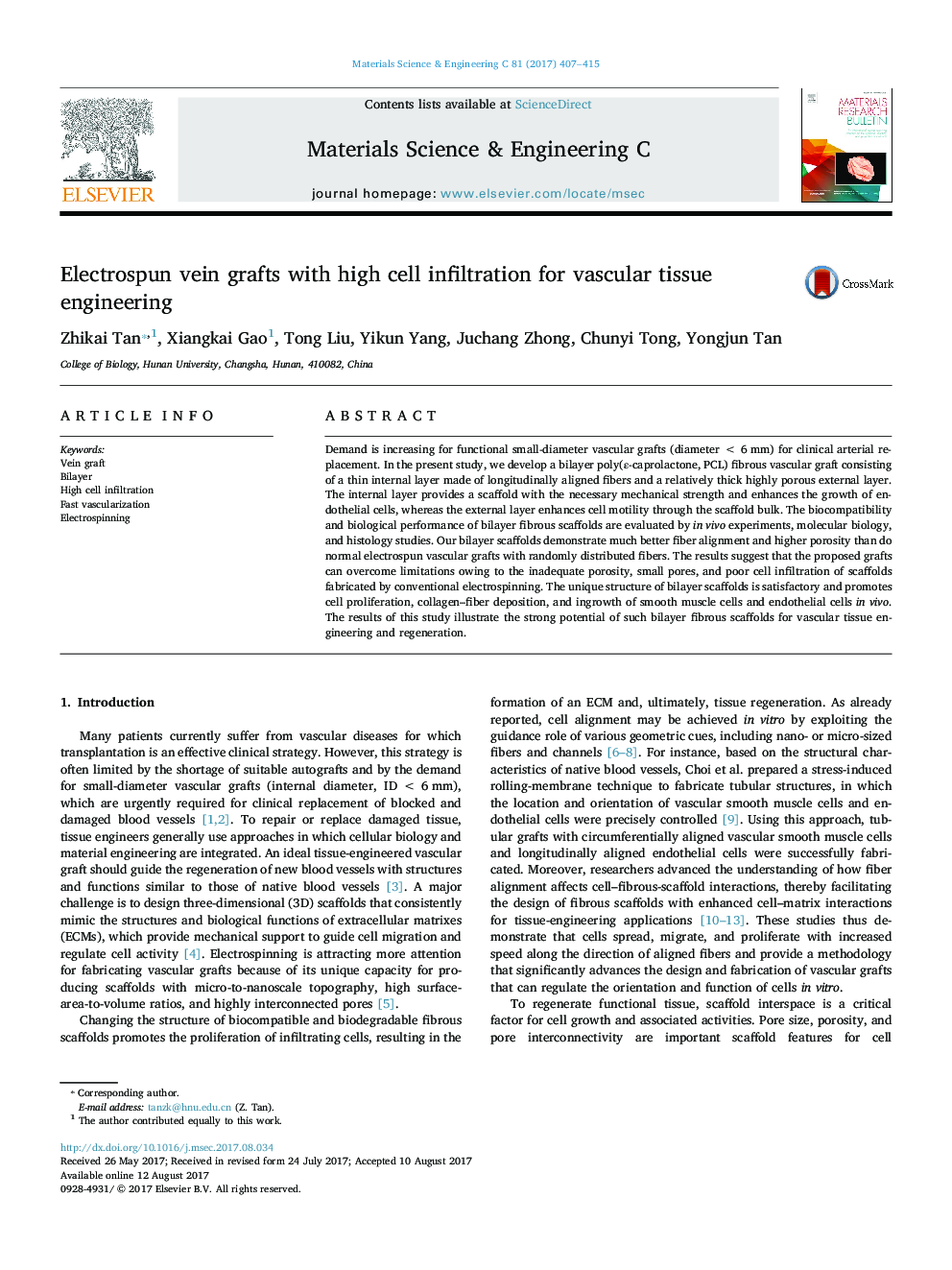 Electrospun vein grafts with high cell infiltration for vascular tissue engineering