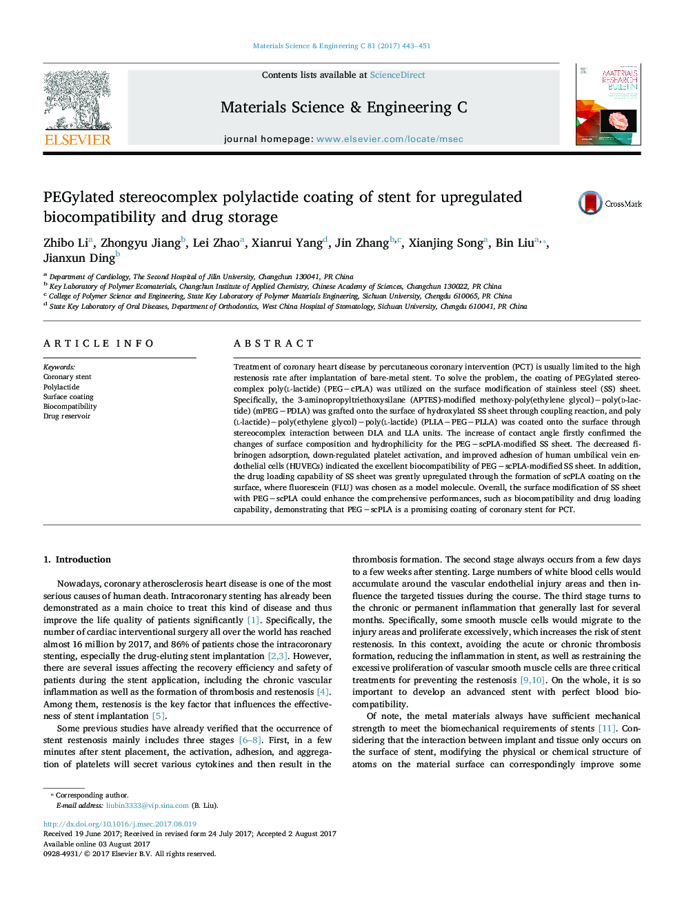 PEGylated stereocomplex polylactide coating of stent for upregulated biocompatibility and drug storage