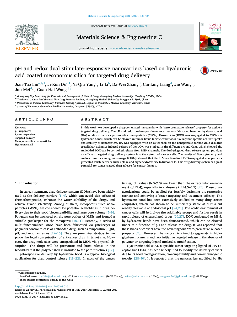 pH and redox dual stimulate-responsive nanocarriers based on hyaluronic acid coated mesoporous silica for targeted drug delivery