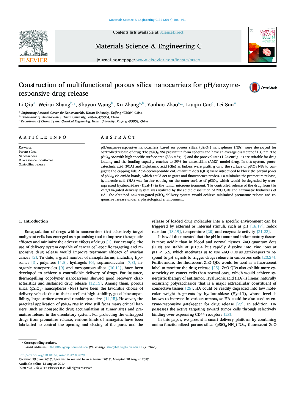 Construction of multifunctional porous silica nanocarriers for pH/enzyme-responsive drug release