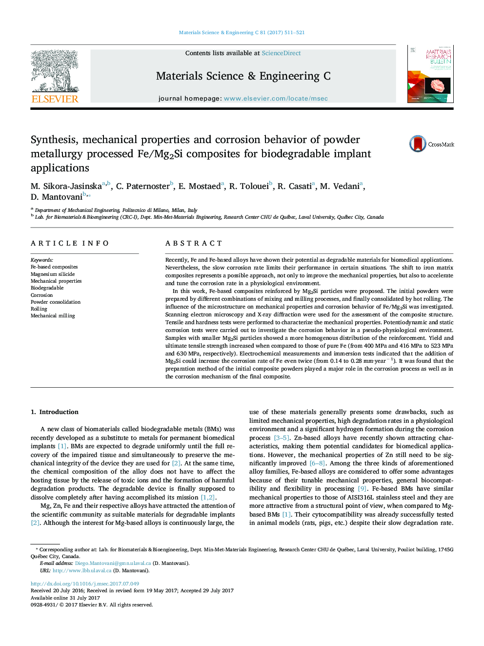 Synthesis, mechanical properties and corrosion behavior of powder metallurgy processed Fe/Mg2Si composites for biodegradable implant applications