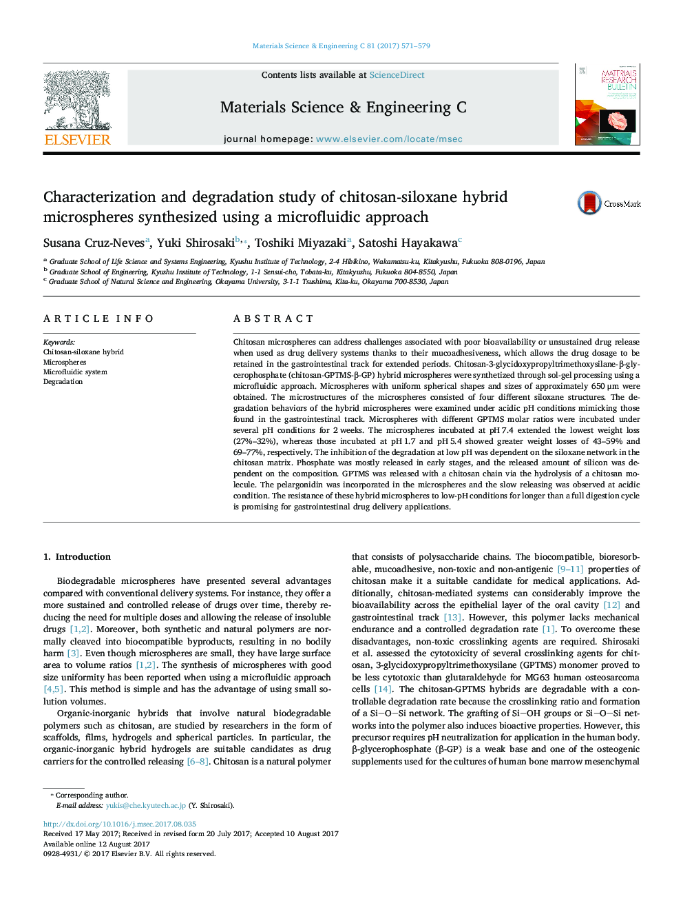 Characterization and degradation study of chitosan-siloxane hybrid microspheres synthesized using a microfluidic approach