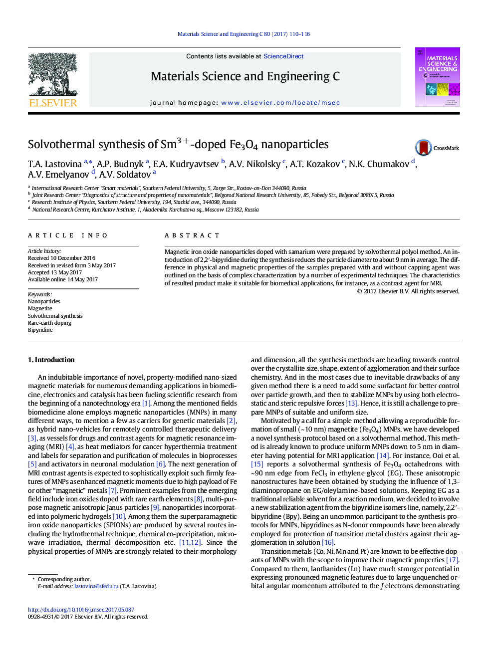 Solvothermal synthesis of Sm3 +-doped Fe3O4 nanoparticles