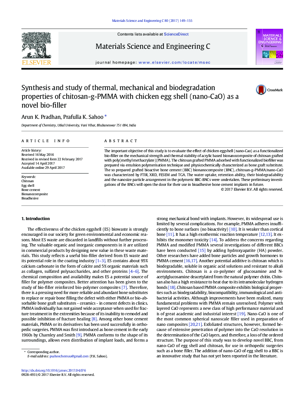 Synthesis and study of thermal, mechanical and biodegradation properties of chitosan-g-PMMA with chicken egg shell (nano-CaO) as a novel bio-filler