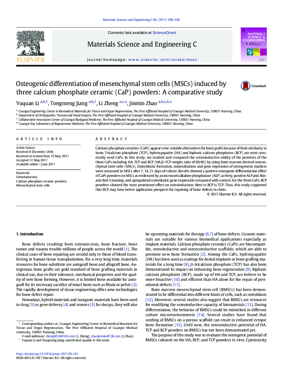 Osteogenic differentiation of mesenchymal stem cells (MSCs) induced by three calcium phosphate ceramic (CaP) powders: A comparative study