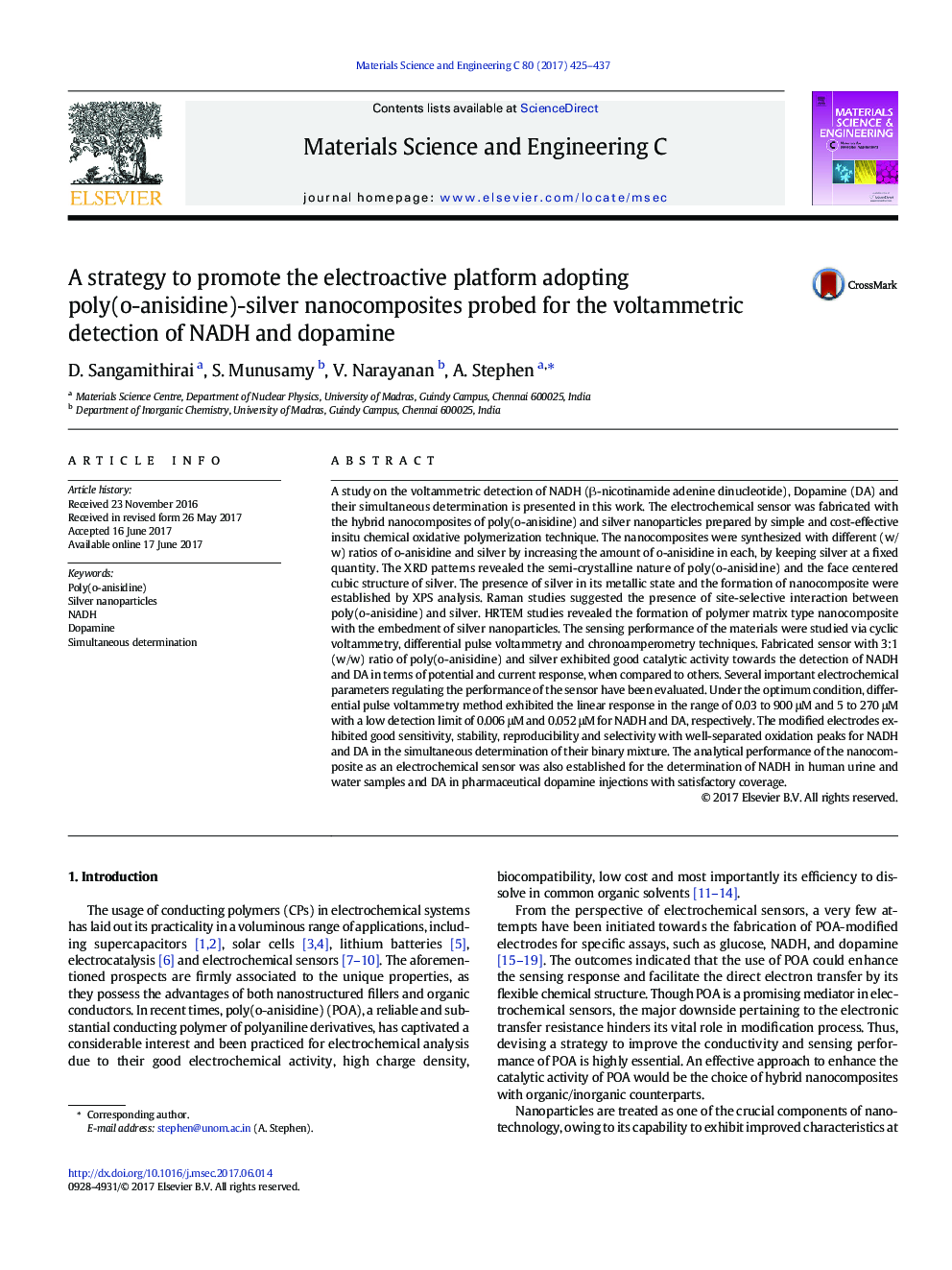 A strategy to promote the electroactive platform adopting poly(o-anisidine)-silver nanocomposites probed for the voltammetric detection of NADH and dopamine