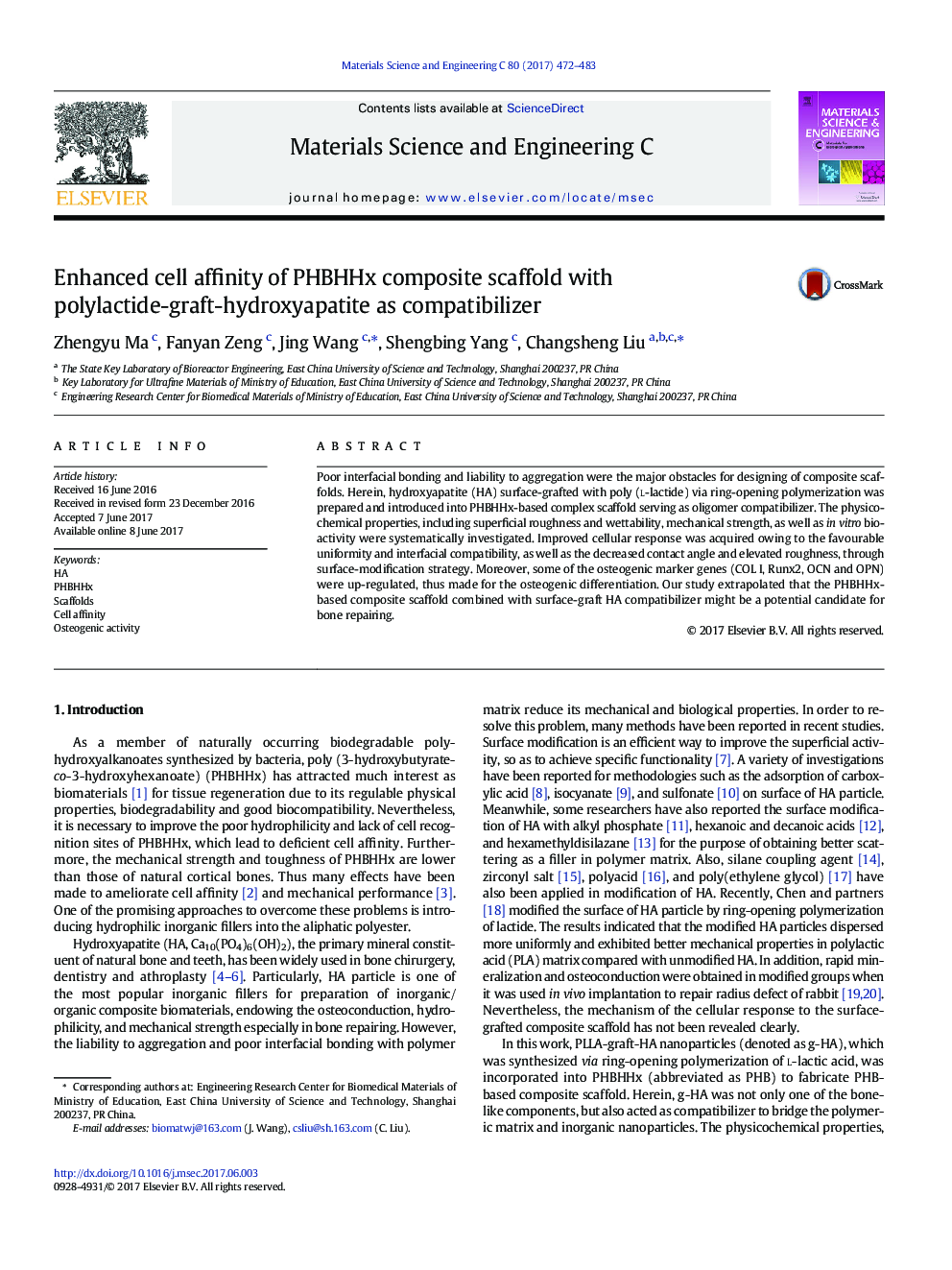 Enhanced cell affinity of PHBHHx composite scaffold with polylactide-graft-hydroxyapatite as compatibilizer