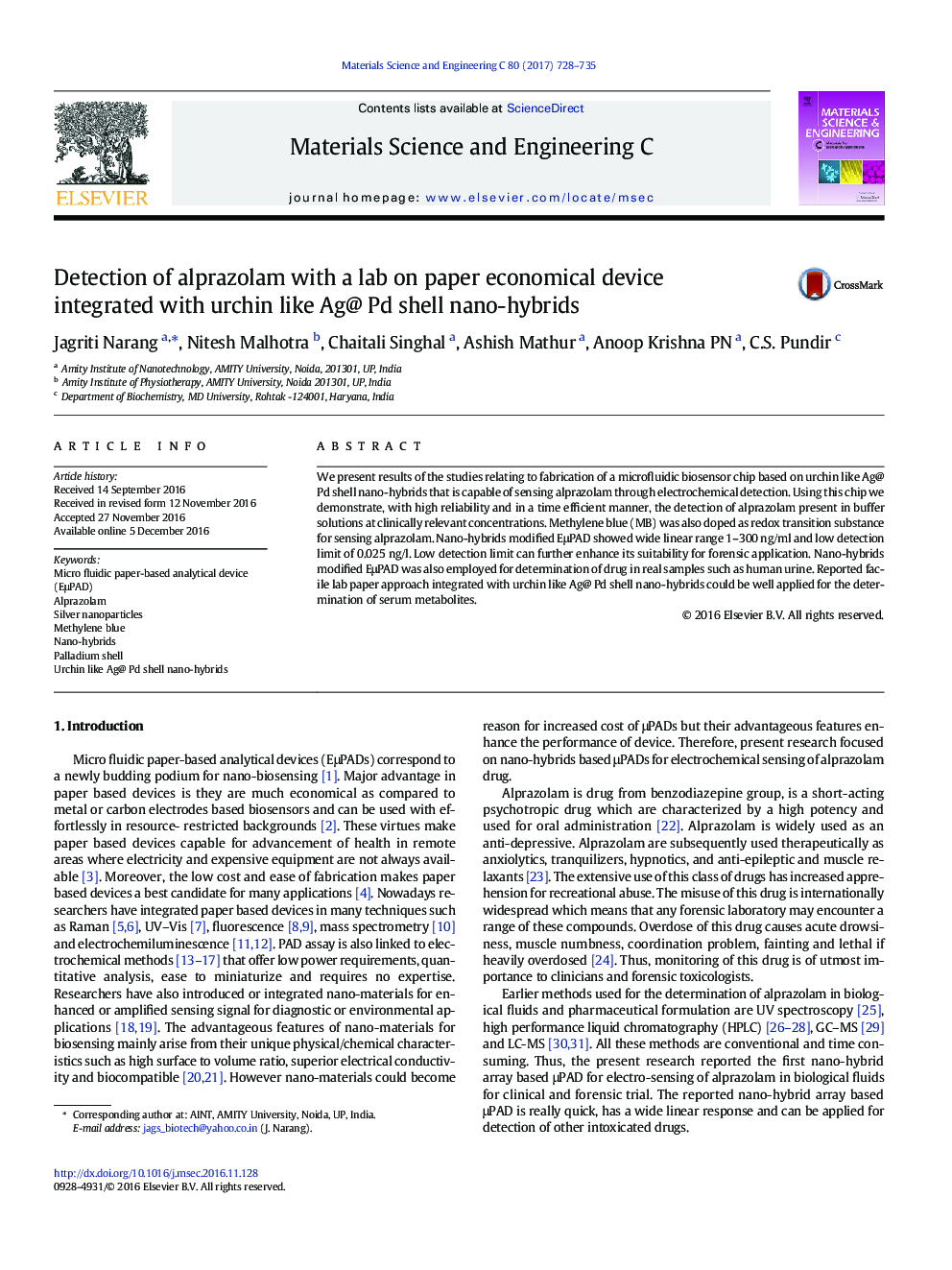 Detection of alprazolam with a lab on paper economical device integrated with urchin like Ag@ Pd shell nano-hybrids