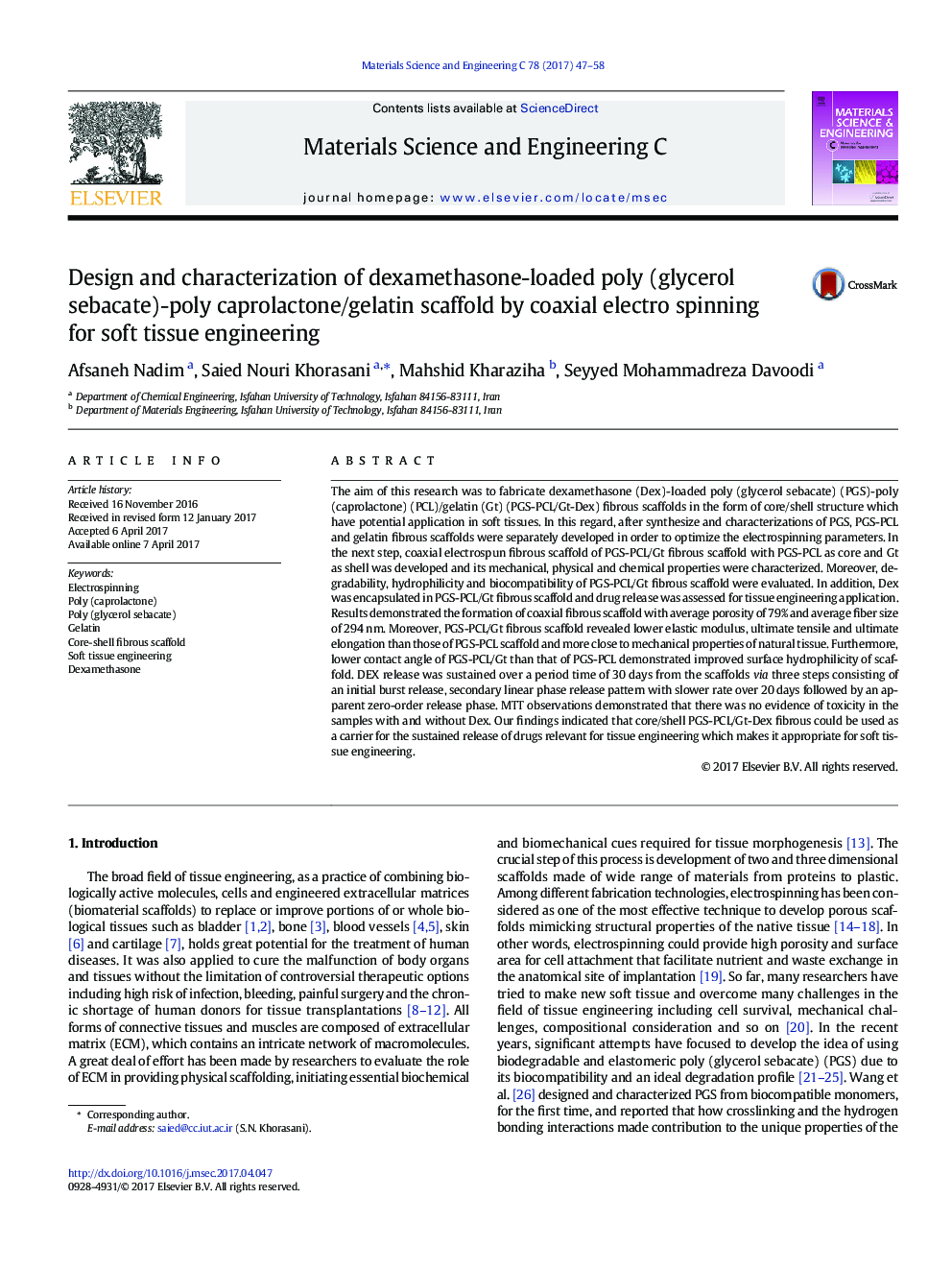 Design and characterization of dexamethasone-loaded poly (glycerol sebacate)-poly caprolactone/gelatin scaffold by coaxial electro spinning for soft tissue engineering