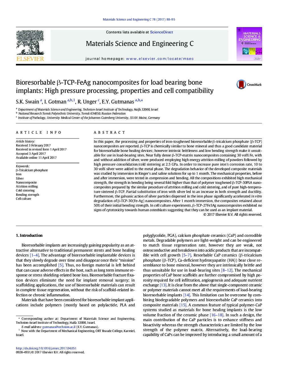 Bioresorbable Î²-TCP-FeAg nanocomposites for load bearing bone implants: High pressure processing, properties and cell compatibility