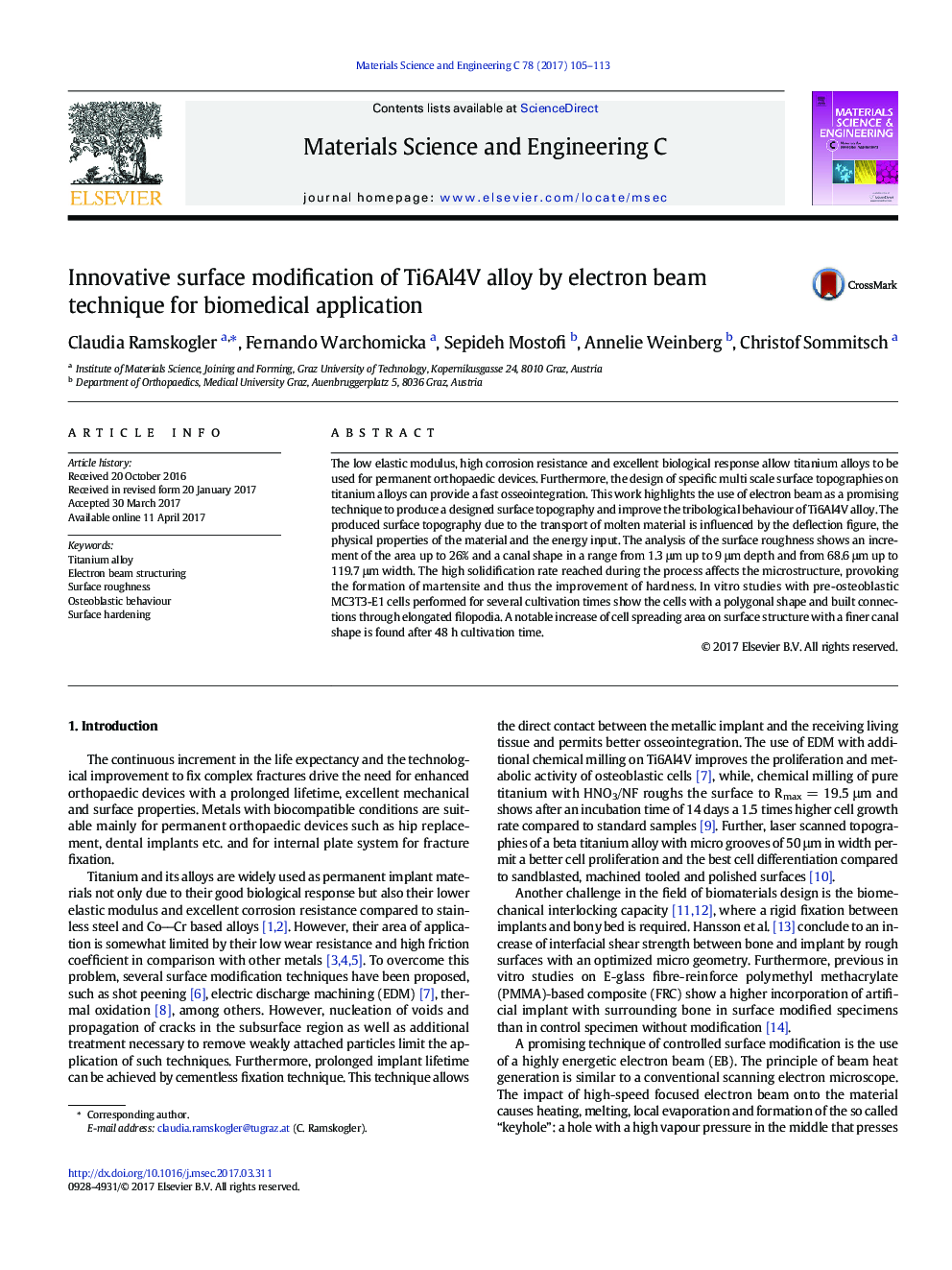 Innovative surface modification of Ti6Al4V alloy by electron beam technique for biomedical application