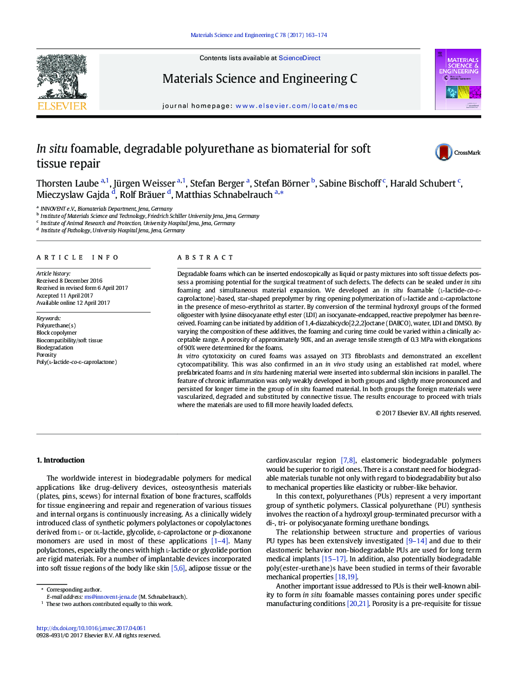 In situ foamable, degradable polyurethane as biomaterial for soft tissue repair