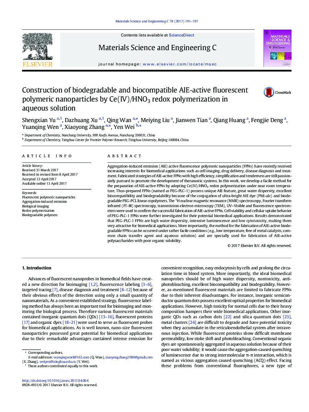 Construction of biodegradable and biocompatible AIE-active fluorescent polymeric nanoparticles by Ce(IV)/HNO3 redox polymerization in aqueous solution