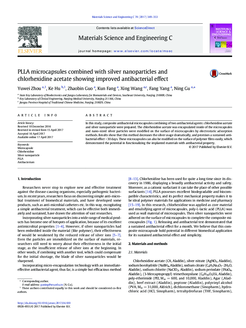 PLLA microcapsules combined with silver nanoparticles and chlorhexidine acetate showing improved antibacterial effect