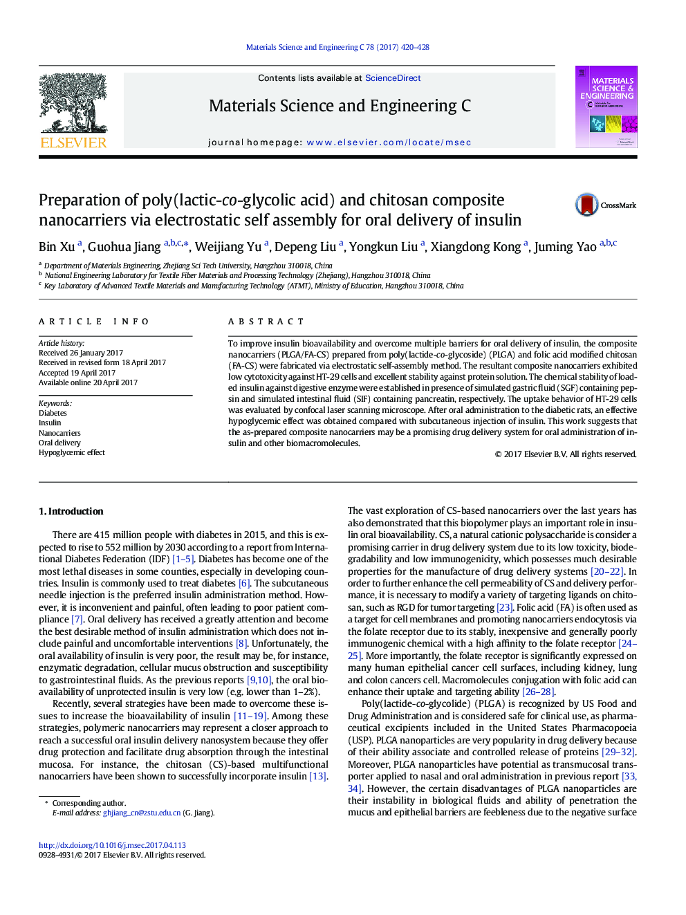 Preparation of poly(lactic-co-glycolic acid) and chitosan composite nanocarriers via electrostatic self assembly for oral delivery of insulin