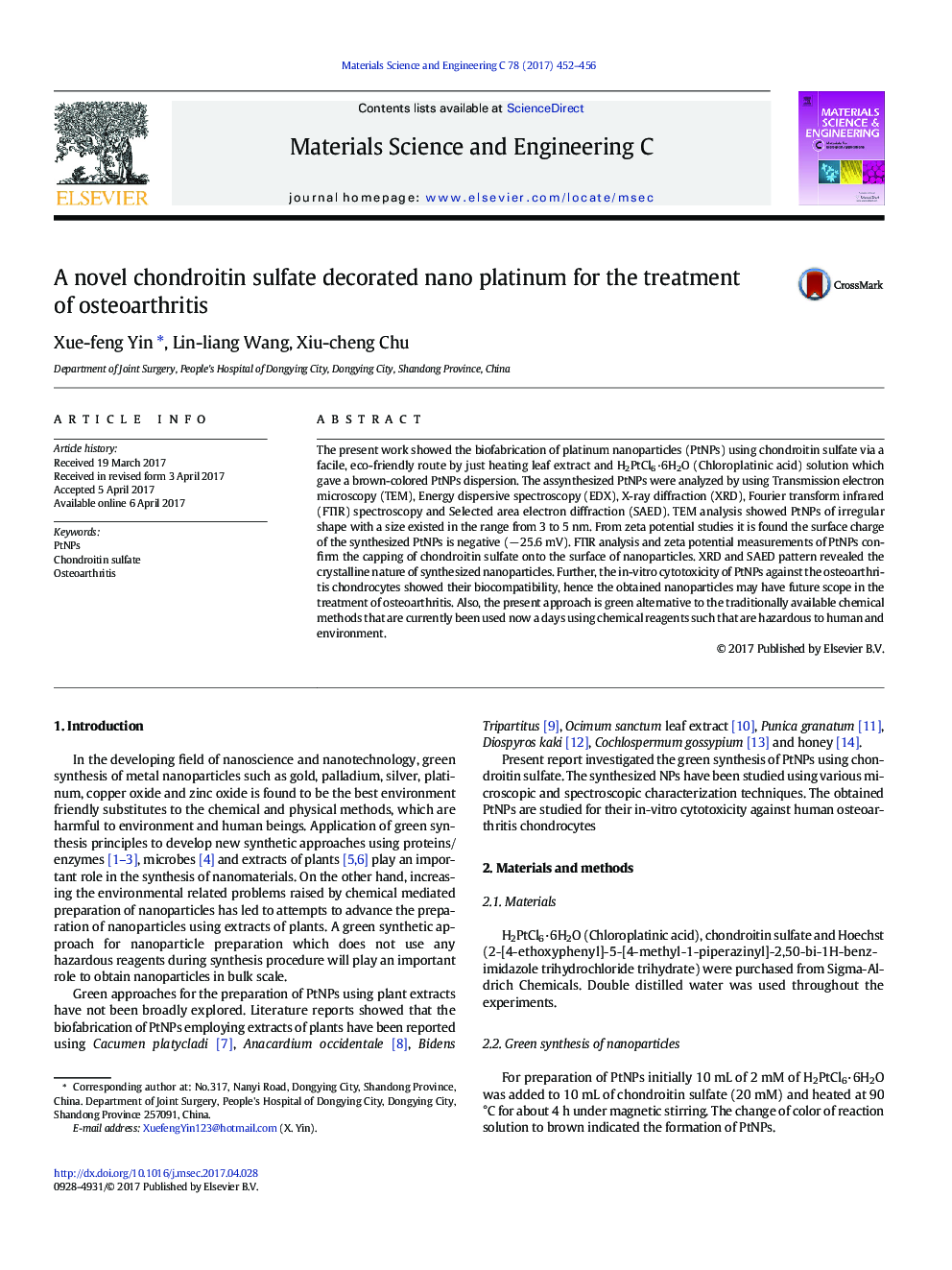 A novel chondroitin sulfate decorated nano platinum for the treatment of osteoarthritis