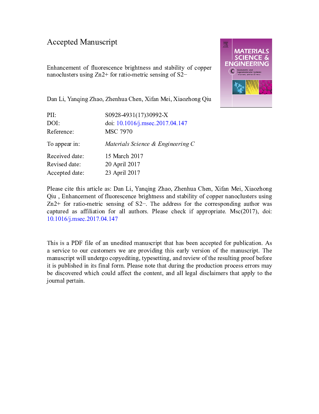 Enhancement of fluorescence brightness and stability of copper nanoclusters using Zn2Â + for ratio-metric sensing of S2Â â