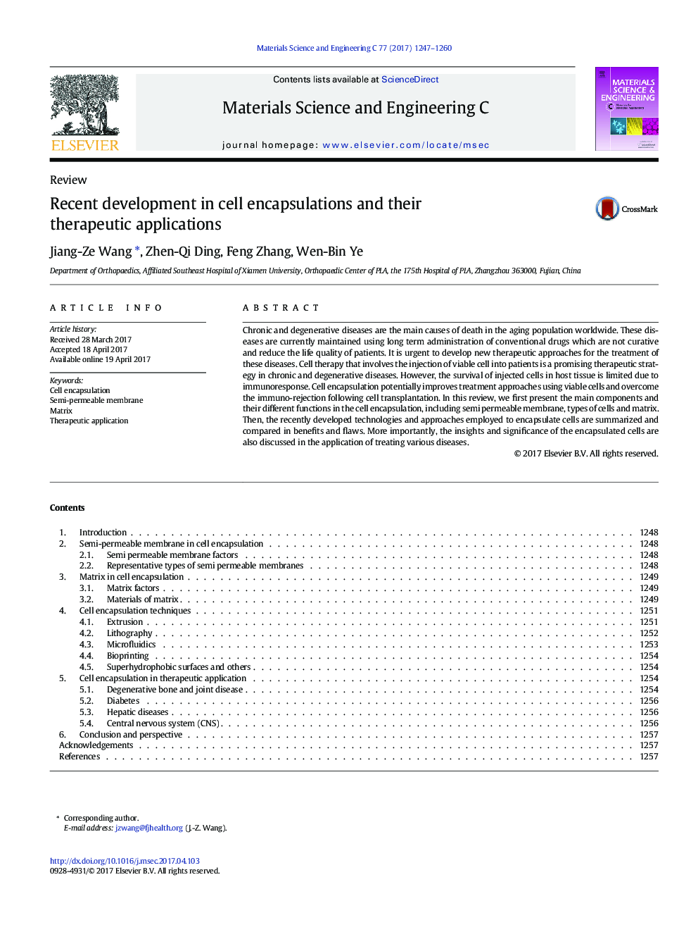 Recent development in cell encapsulations and their therapeutic applications