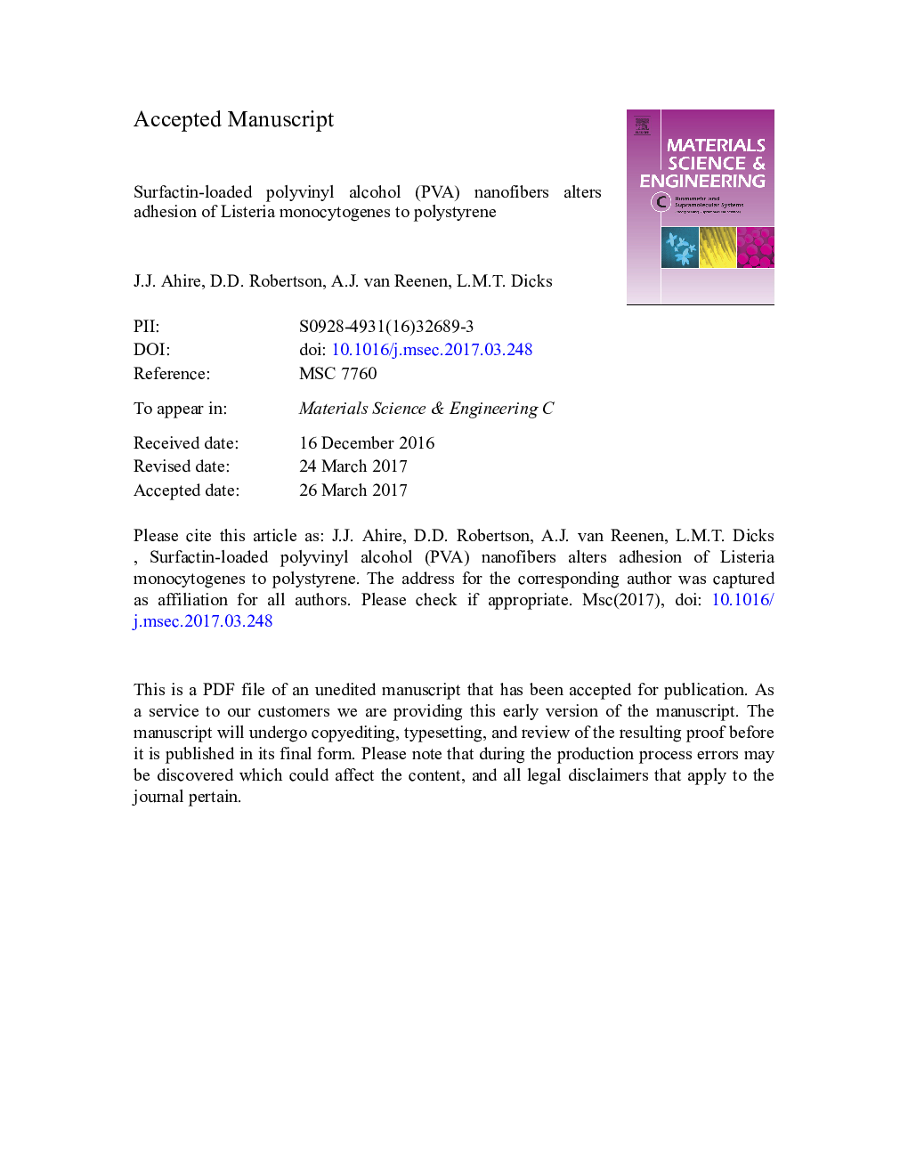 Surfactin-loaded polyvinyl alcohol (PVA) nanofibers alters adhesion of Listeria monocytogenes to polystyrene