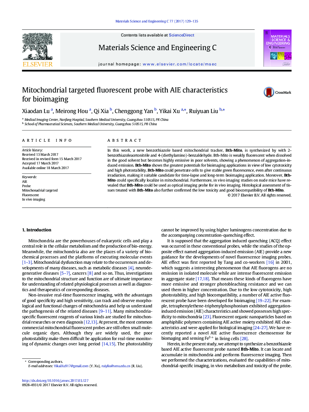 Mitochondrial targeted fluorescent probe with AIE characteristics for bioimaging