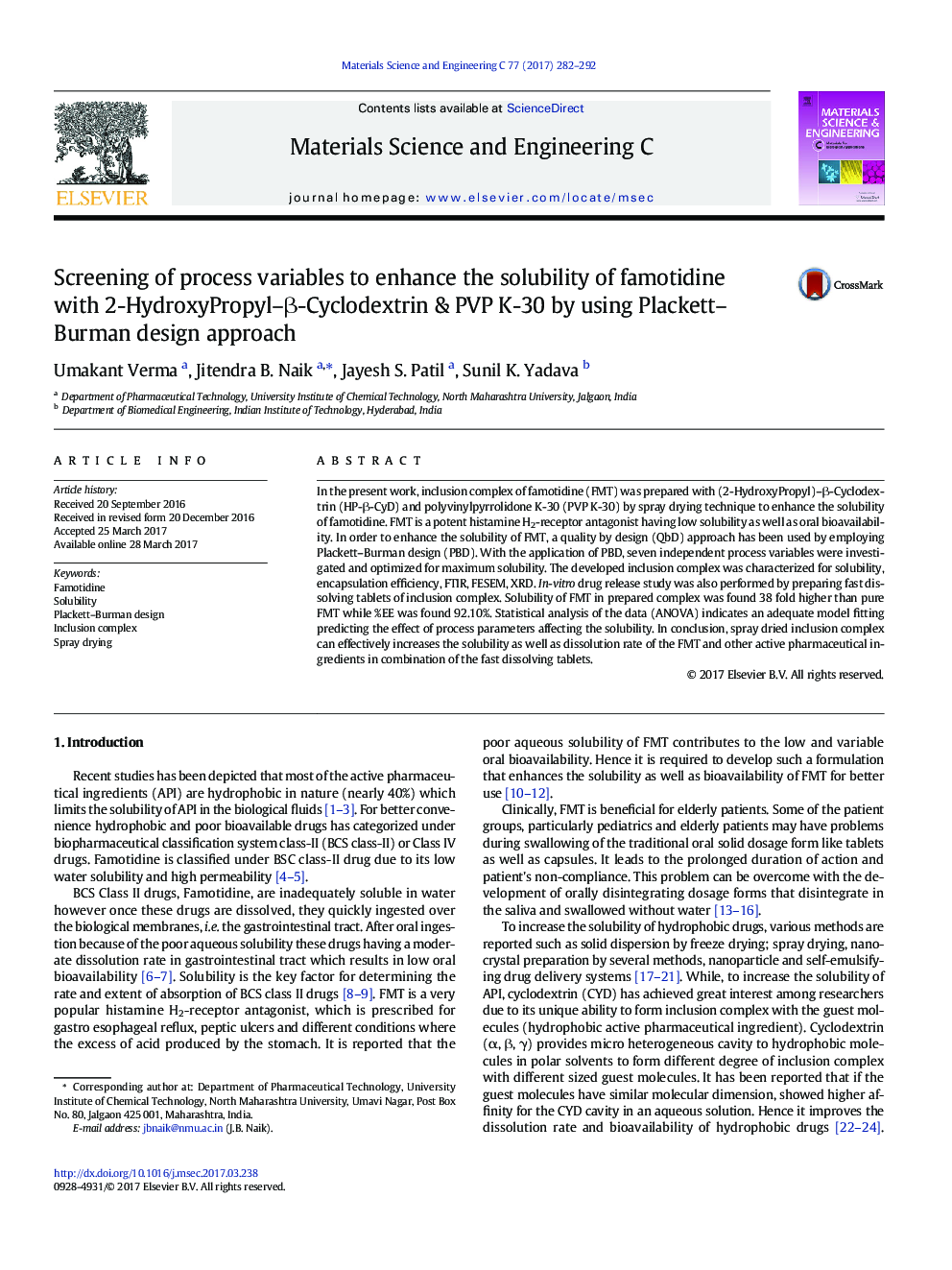 Screening of process variables to enhance the solubility of famotidine with 2-HydroxyPropyl-Î²-Cyclodextrin & PVP K-30 by using Plackett-Burman design approach