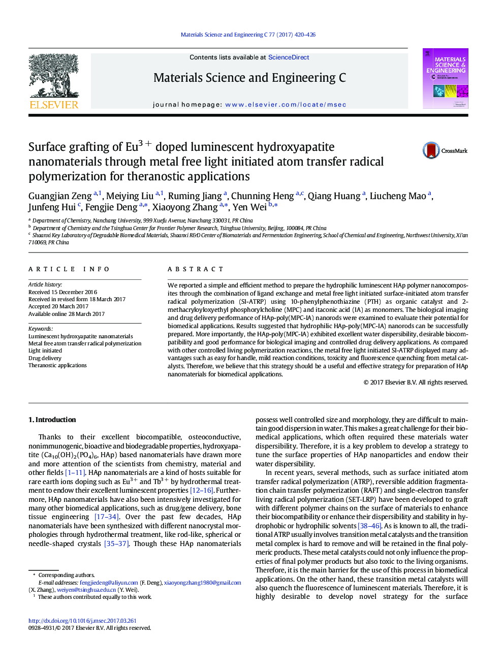 Surface grafting of Eu3 + doped luminescent hydroxyapatite nanomaterials through metal free light initiated atom transfer radical polymerization for theranostic applications