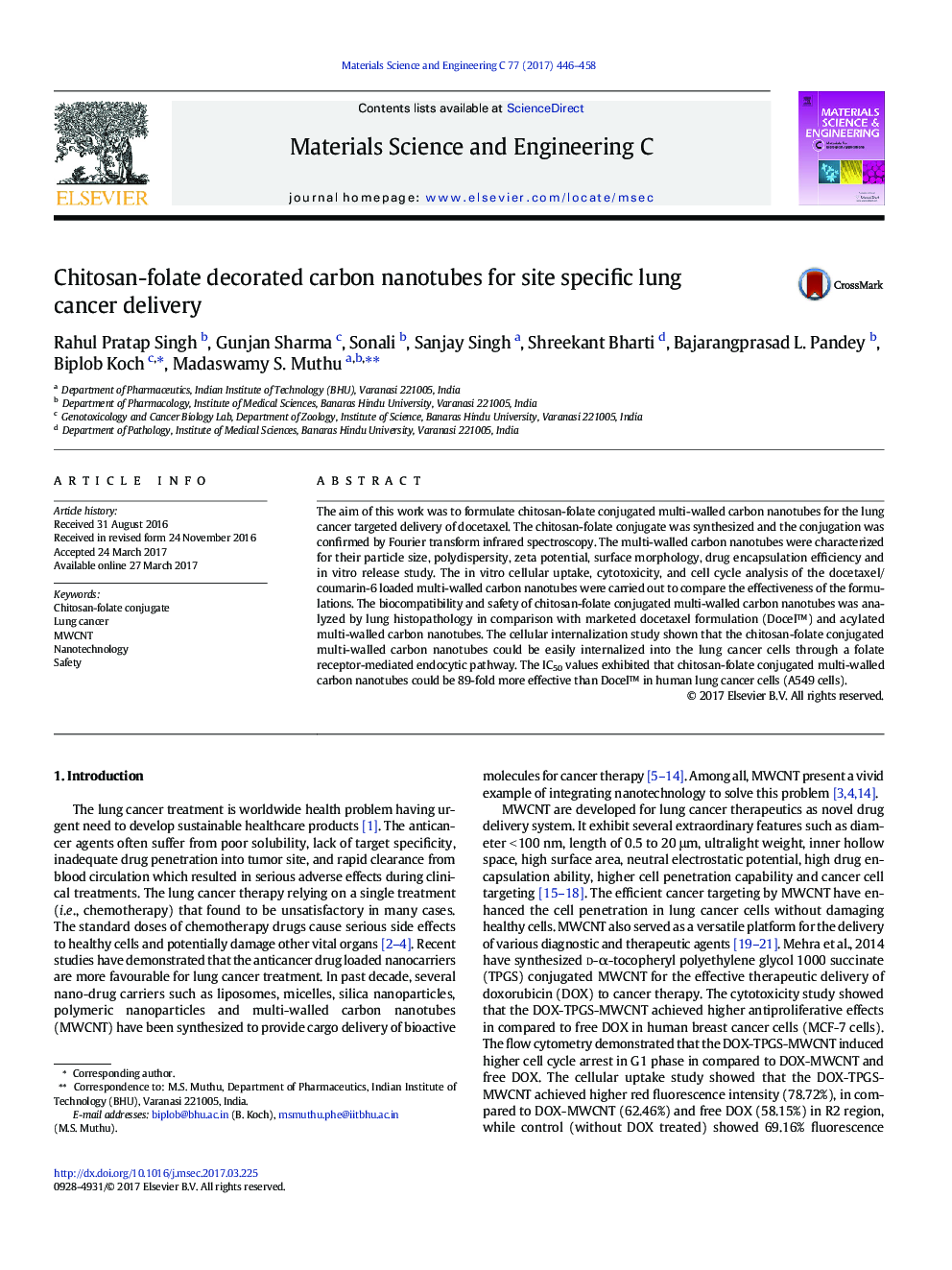 Chitosan-folate decorated carbon nanotubes for site specific lung cancer delivery