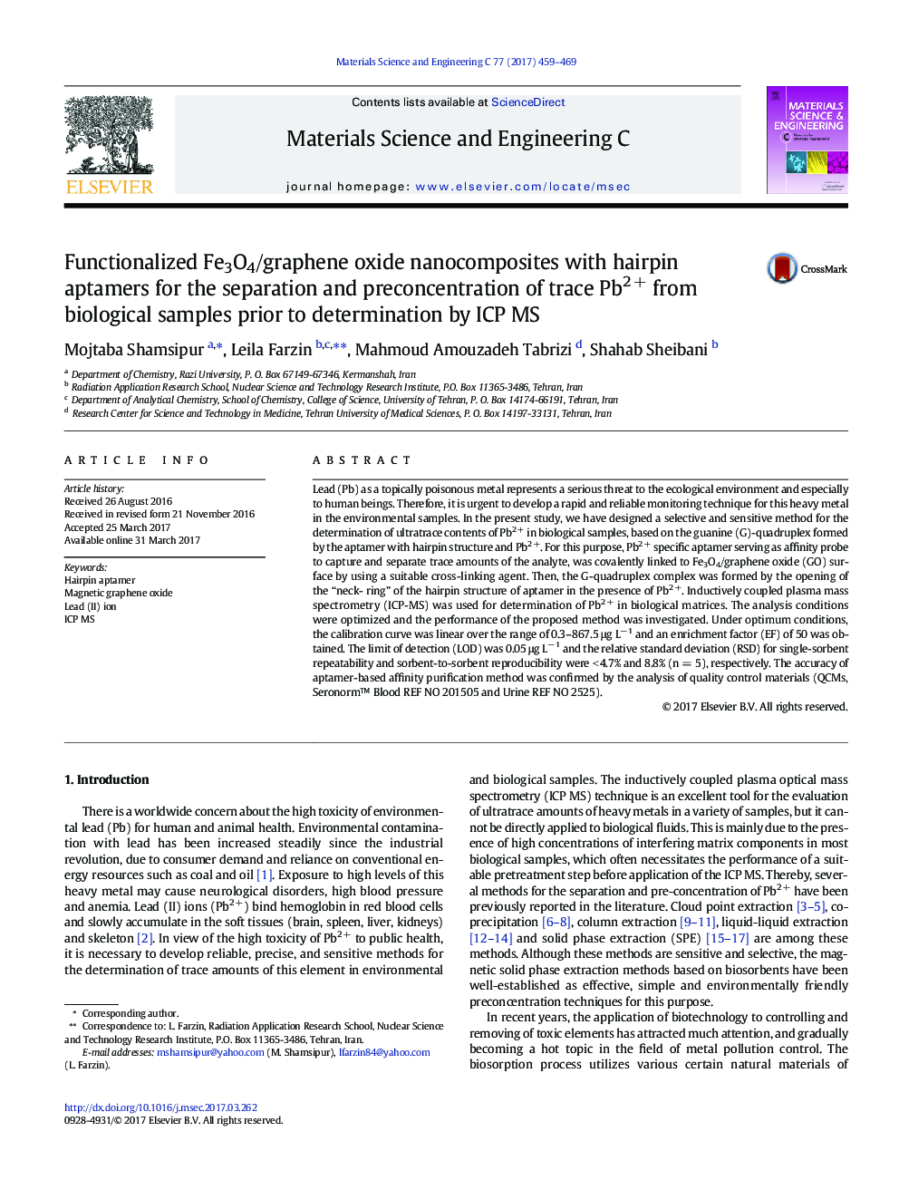 Functionalized Fe3O4/graphene oxide nanocomposites with hairpin aptamers for the separation and preconcentration of trace Pb2 + from biological samples prior to determination by ICP MS