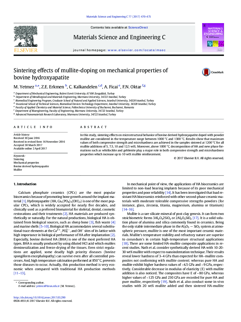 Sintering effects of mullite-doping on mechanical properties of bovine hydroxyapatite