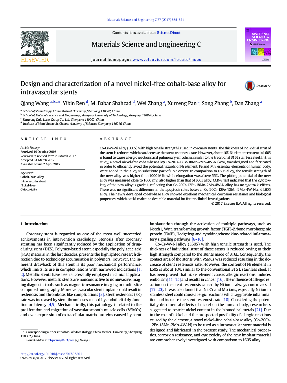 Design and characterization of a novel nickel-free cobalt-base alloy for intravascular stents