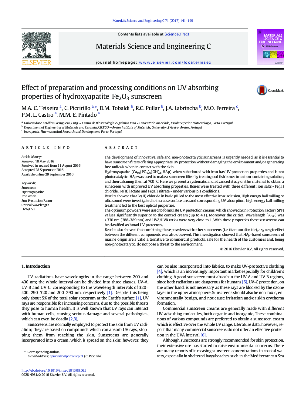 Effect of preparation and processing conditions on UV absorbing properties of hydroxyapatite-Fe2O3 sunscreen