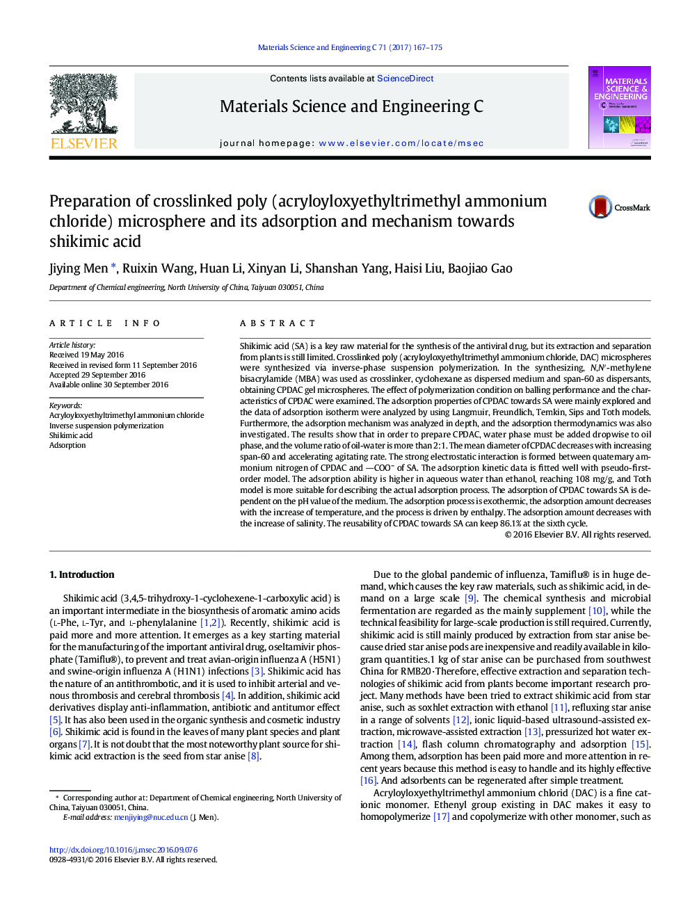 Preparation of crosslinked poly (acryloyloxyethyltrimethyl ammonium chloride) microsphere and its adsorption and mechanism towards shikimic acid