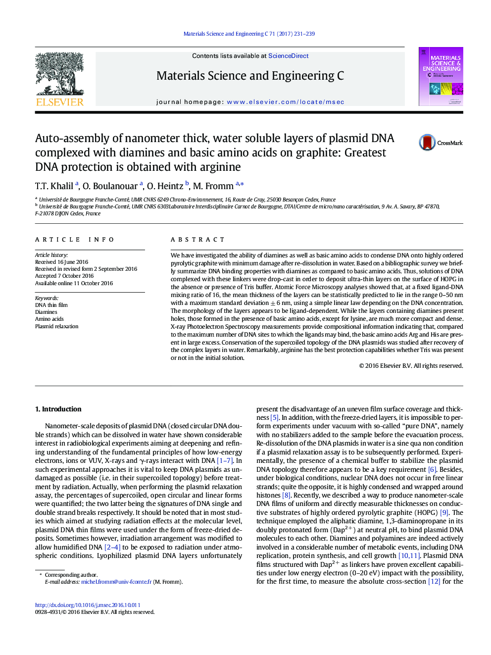 Auto-assembly of nanometer thick, water soluble layers of plasmid DNA complexed with diamines and basic amino acids on graphite: Greatest DNA protection is obtained with arginine