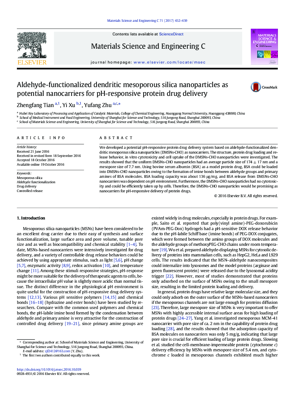 Aldehyde-functionalized dendritic mesoporous silica nanoparticles as potential nanocarriers for pH-responsive protein drug delivery