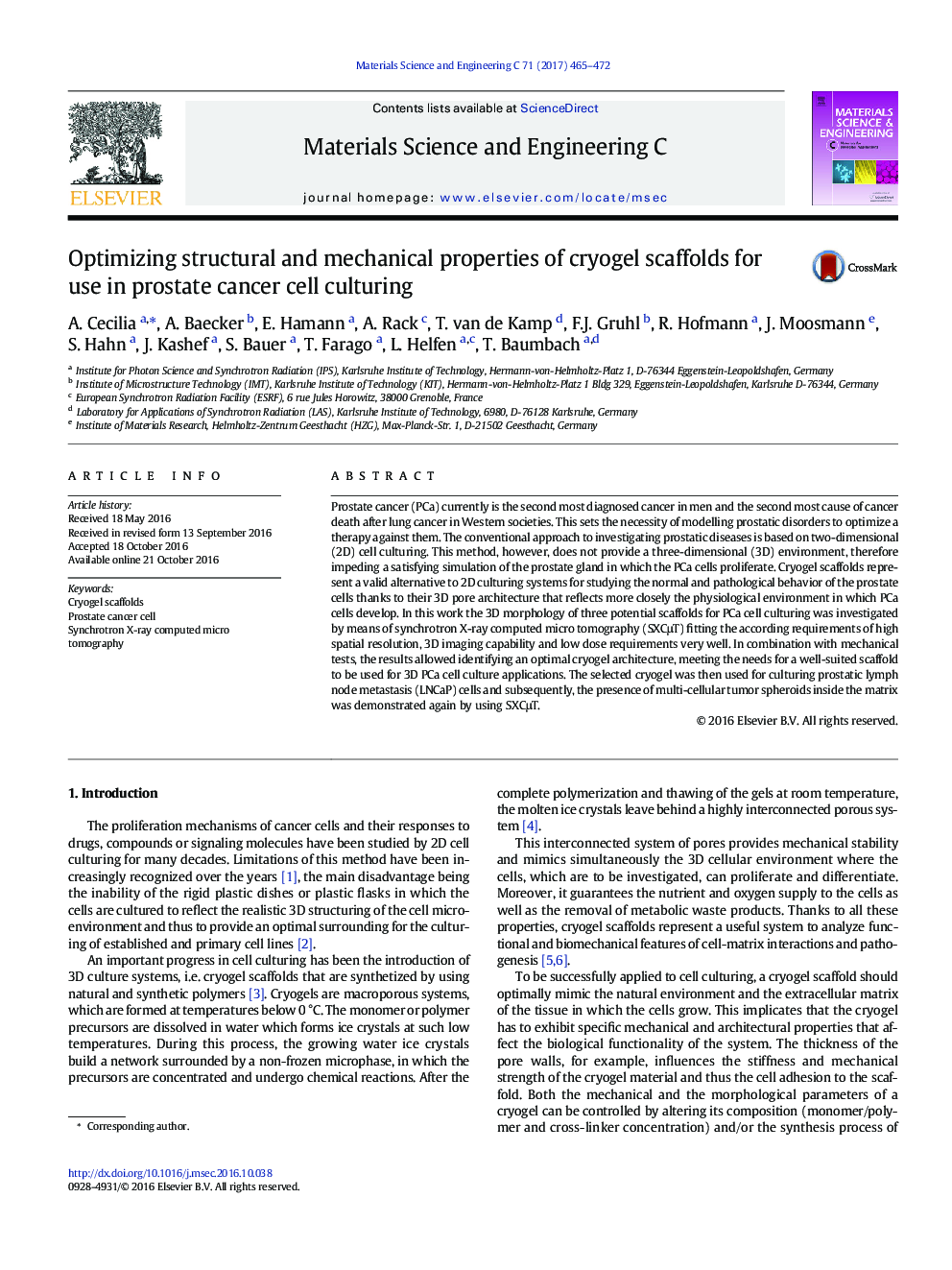 Optimizing structural and mechanical properties of cryogel scaffolds for use in prostate cancer cell culturing