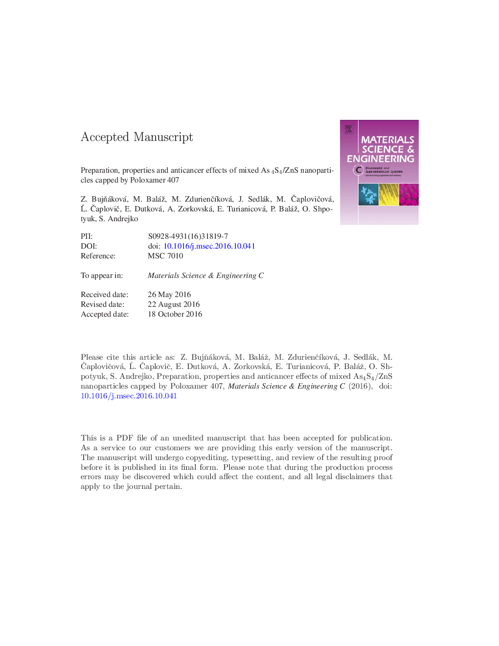 Preparation, properties and anticancer effects of mixed As4S4/ZnS nanoparticles capped by Poloxamer 407