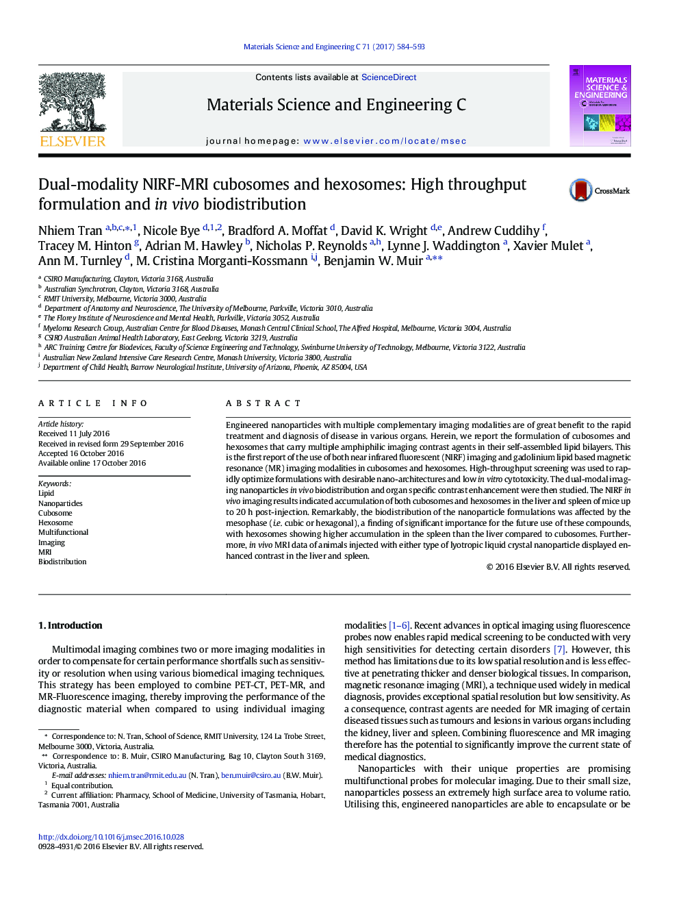 Dual-modality NIRF-MRI cubosomes and hexosomes: High throughput formulation and in vivo biodistribution