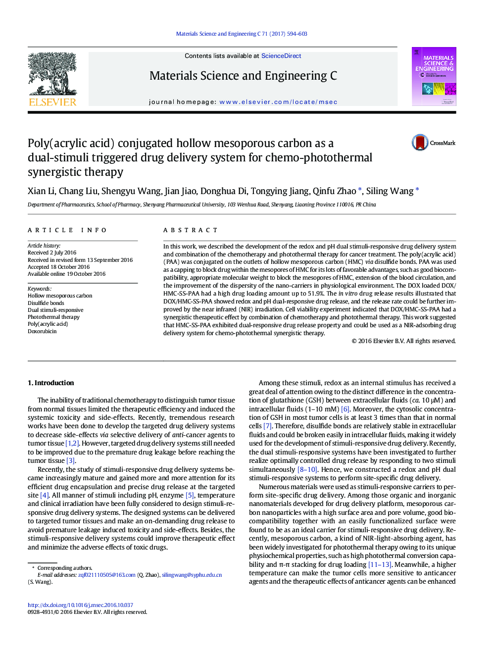 Poly(acrylic acid) conjugated hollow mesoporous carbon as a dual-stimuli triggered drug delivery system for chemo-photothermal synergistic therapy