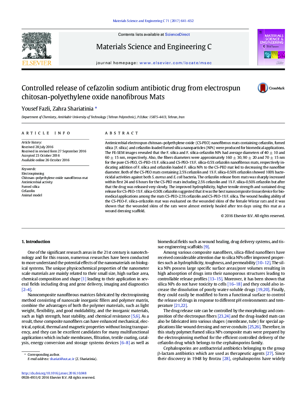 انتشار آنتی بیوتیک سفازولین سدیم کنترل شده از کپسول کیتوزان پلی اتیلن اکسید نانوفیبری 