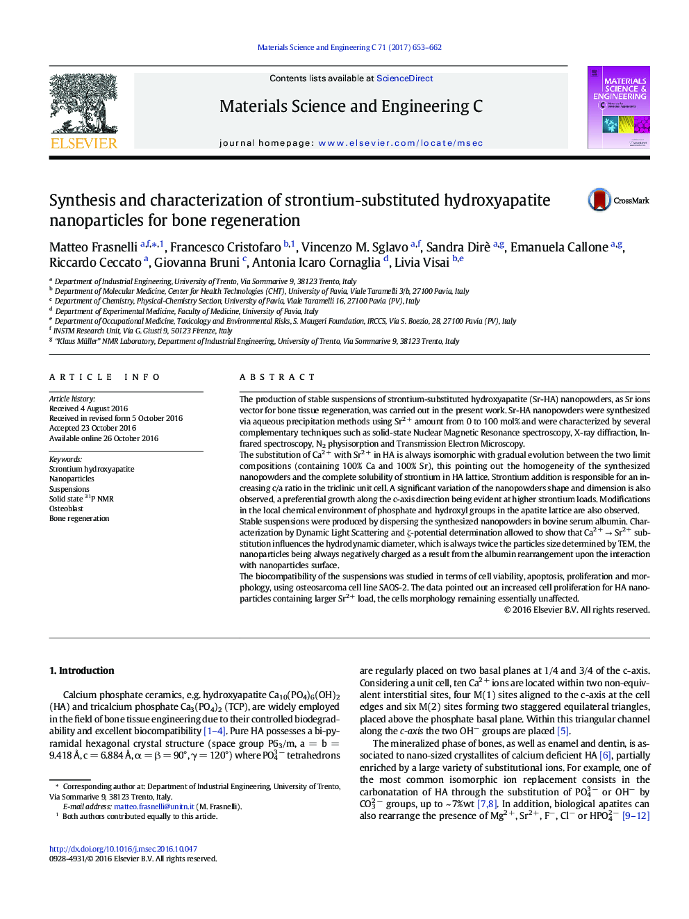 Synthesis and characterization of strontium-substituted hydroxyapatite nanoparticles for bone regeneration