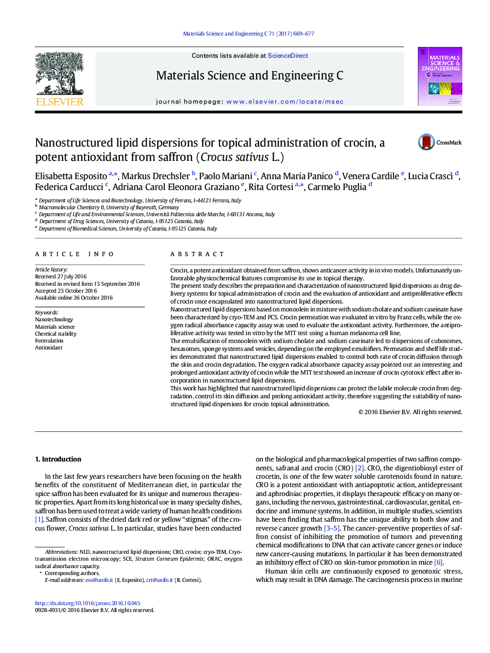 Nanostructured lipid dispersions for topical administration of crocin, a potent antioxidant from saffron (Crocus sativus L.)