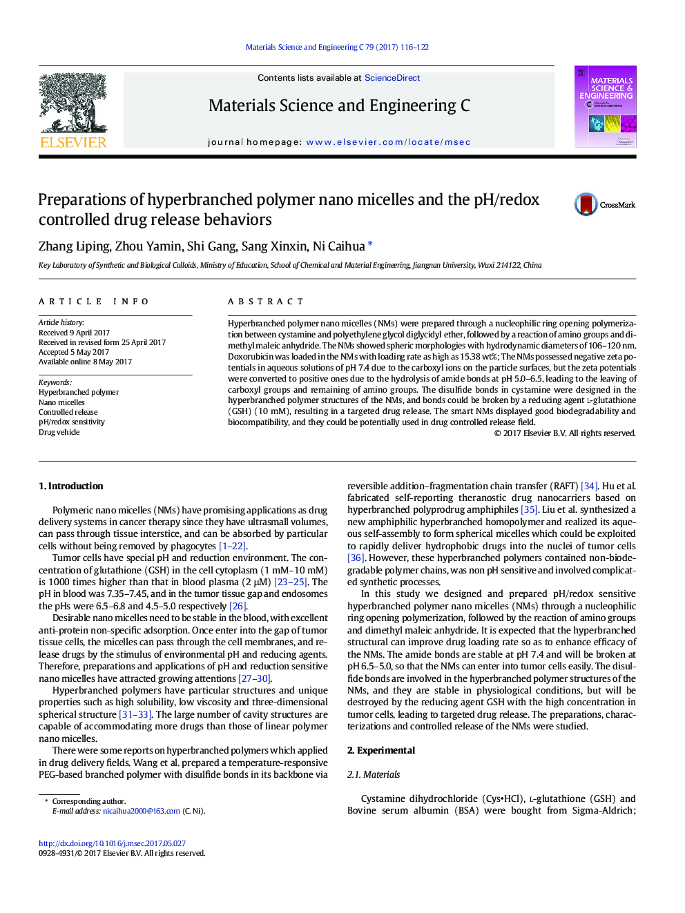 Preparations of hyperbranched polymer nano micelles and the pH/redox controlled drug release behaviors