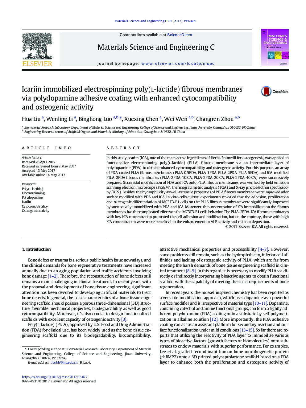 Icariin immobilized electrospinning poly(l-lactide) fibrous membranes via polydopamine adhesive coating with enhanced cytocompatibility and osteogenic activity