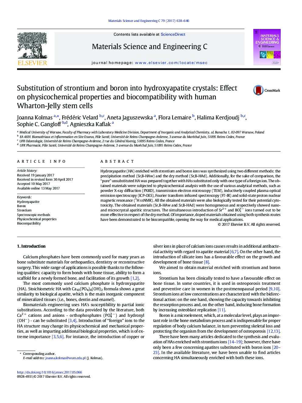 Substitution of strontium and boron into hydroxyapatite crystals: Effect on physicochemical properties and biocompatibility with human Wharton-Jelly stem cells