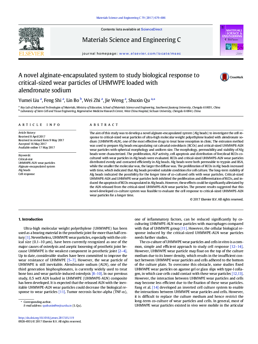 A novel alginate-encapsulated system to study biological response to critical-sized wear particles of UHMWPE loaded with alendronate sodium