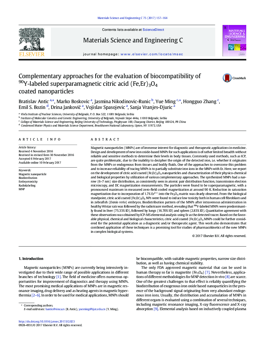 Complementary approaches for the evaluation of biocompatibility of 90Y-labeled superparamagnetic citric acid (Fe,Er)3O4 coated nanoparticles