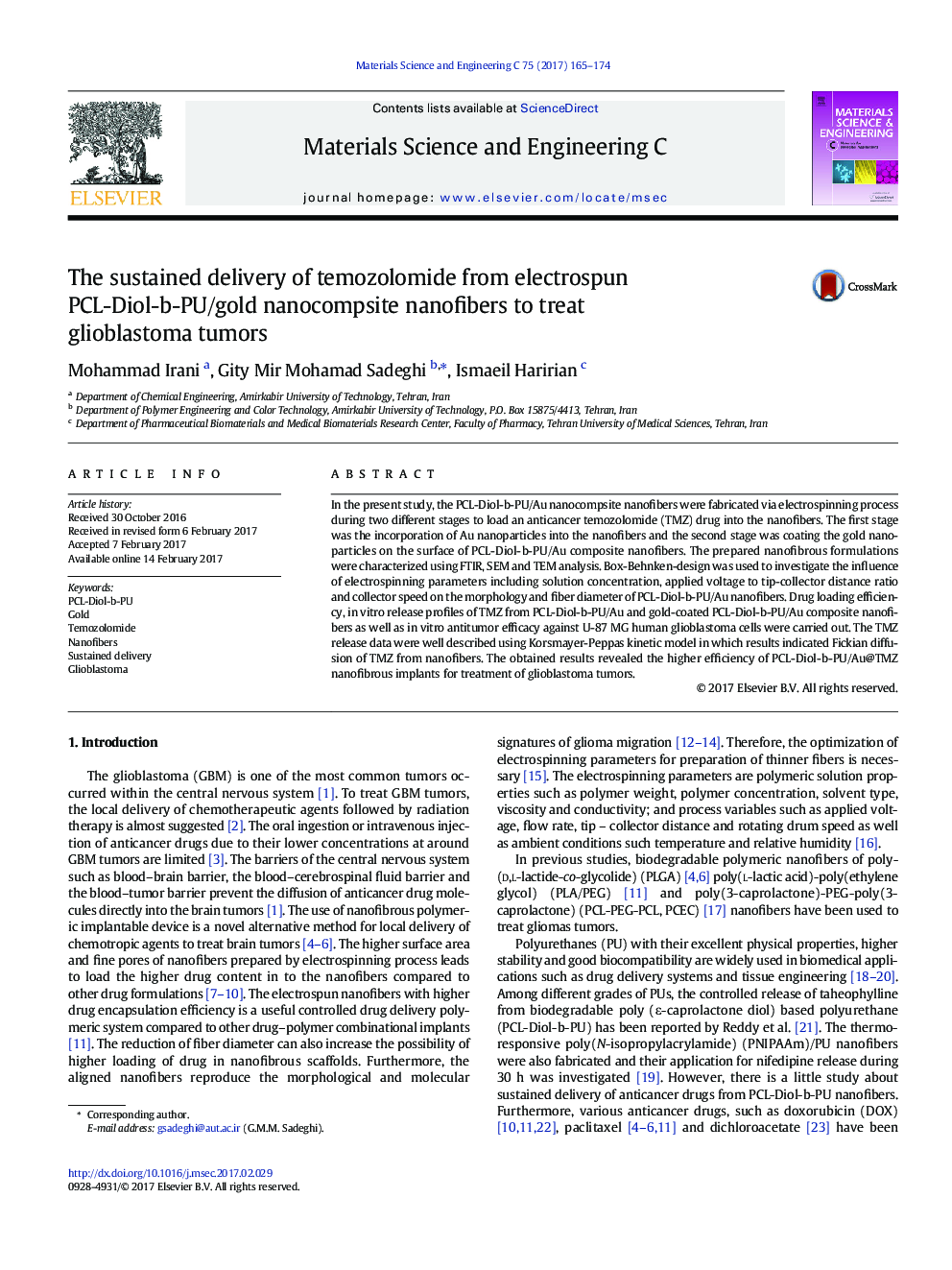 The sustained delivery of temozolomide from electrospun PCL-Diol-b-PU/gold nanocompsite nanofibers to treat glioblastoma tumors