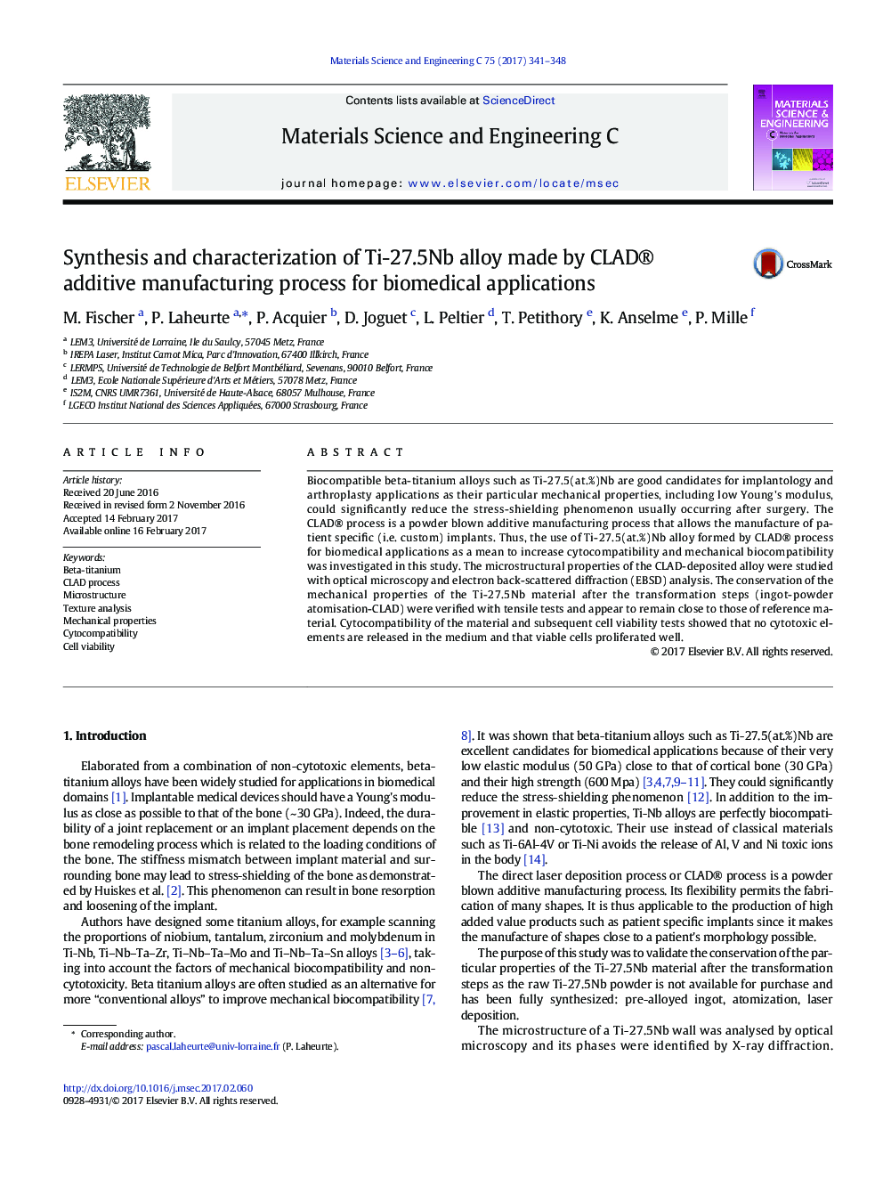 Synthesis and characterization of Ti-27.5Nb alloy made by CLAD® additive manufacturing process for biomedical applications